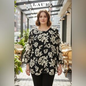 Laura, Floral Print Chiffon Blouse with Built-In Lining, Size 18, Black & Cream